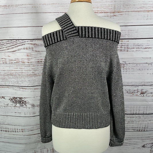 RtA Metallic Silver & Black Off Shoulder Knit Sweater - Size S