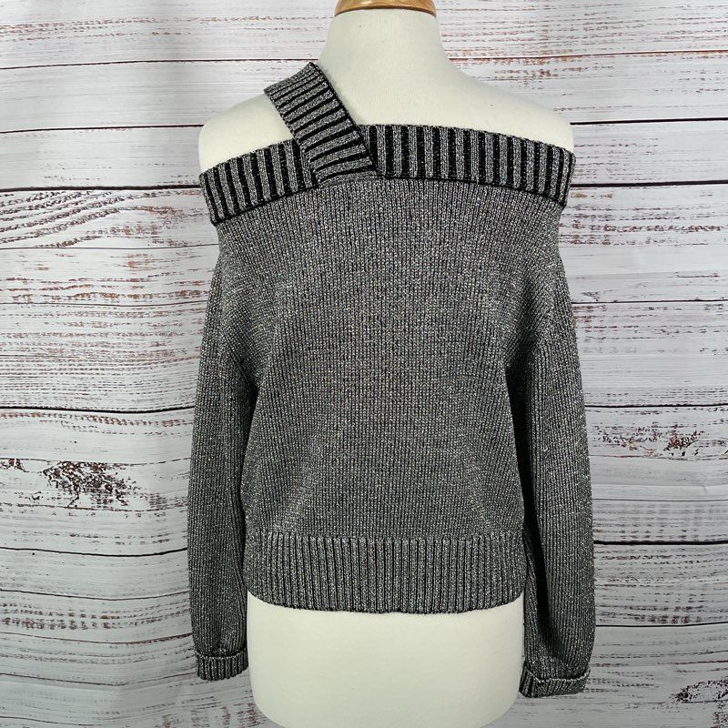 RtA Metallic Silver & Black Off Shoulder Knit Sweater - Size S