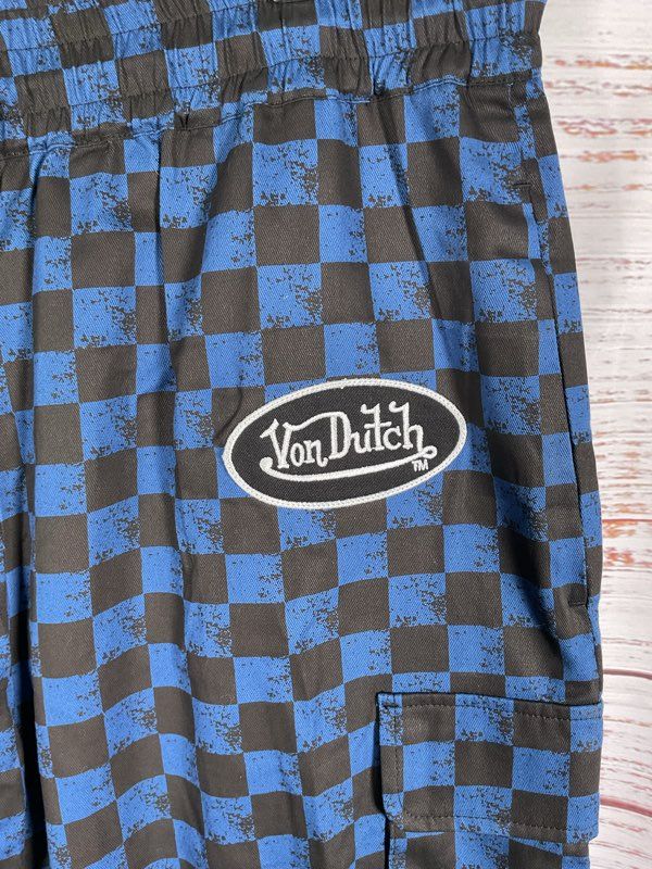 Von Dutch Men's Checkered Black & Blue Jogger Logo Pants Size L