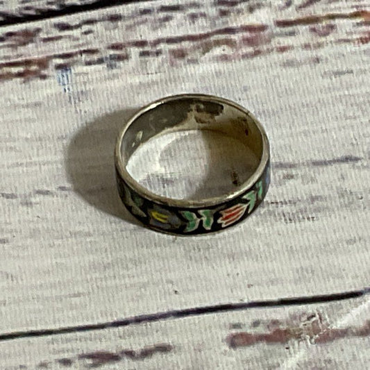 Sterling Silver & Enamel Tulips SZ 6.75 Ring- 2.47g