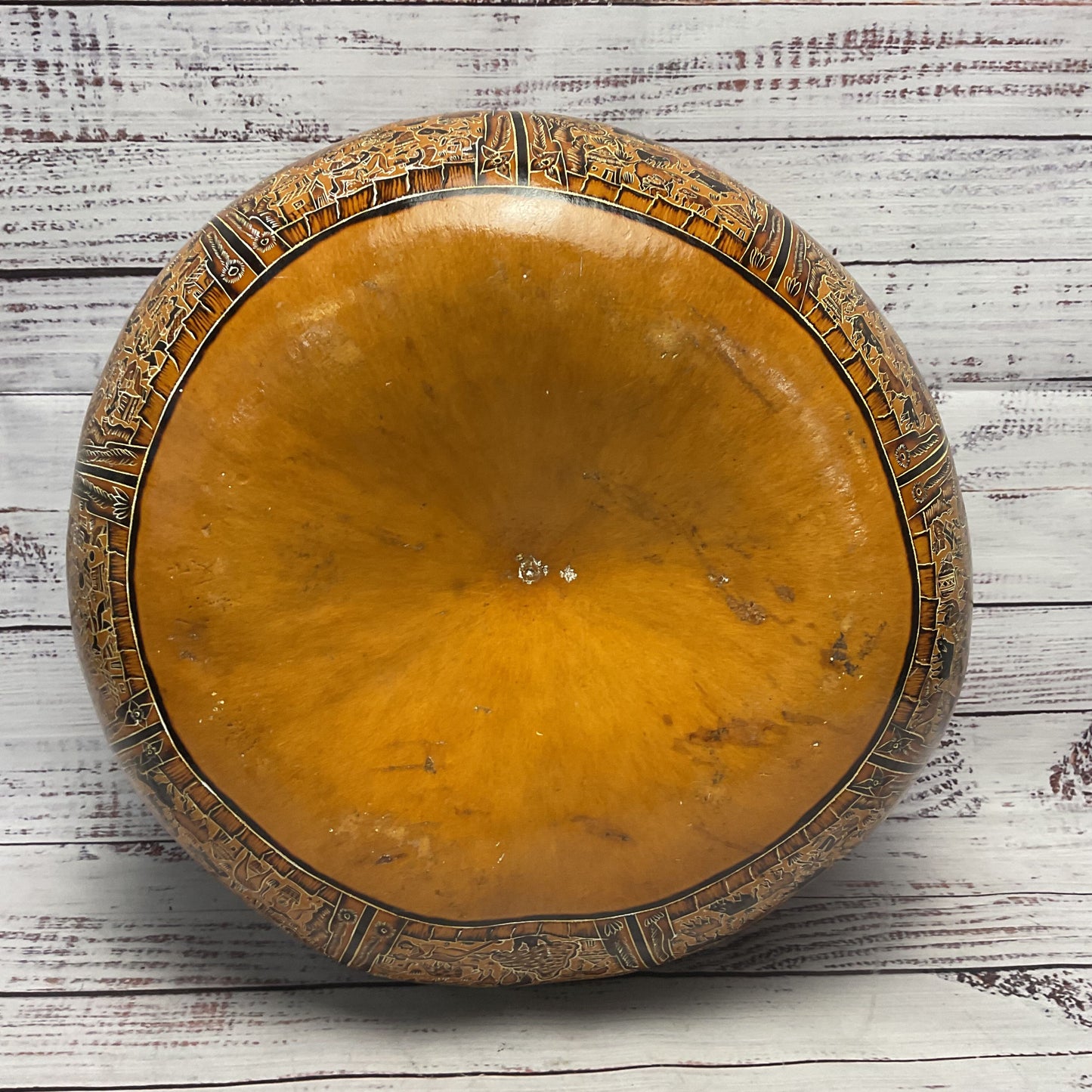 Peruvian Hand Carved Colored Pictorial Gourd Large 12.5"