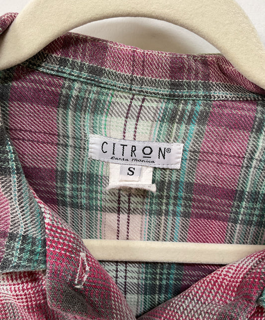 Women's Citron Plaid Flannel Top with cinched back Size S