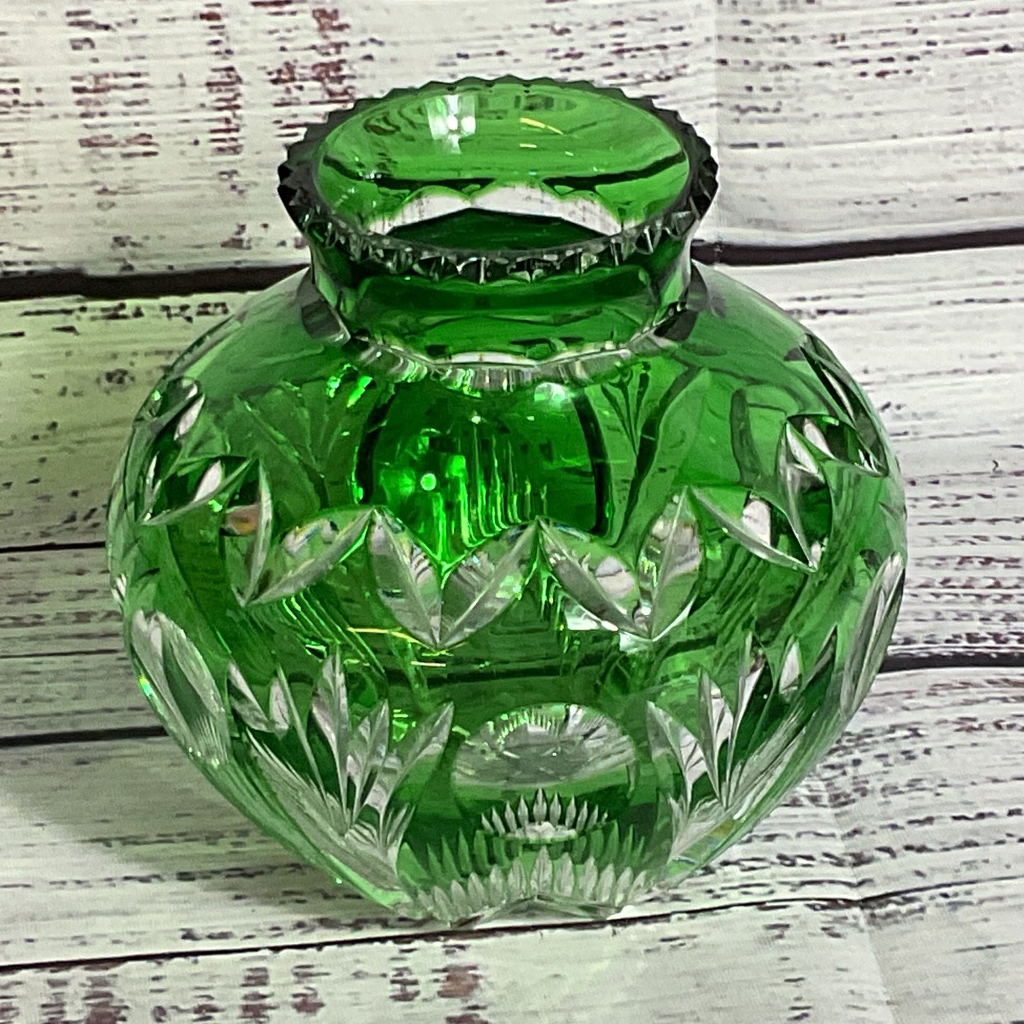 VTG. Bohemian Emerald Green Cut Crystal Round Vase- 4.5"