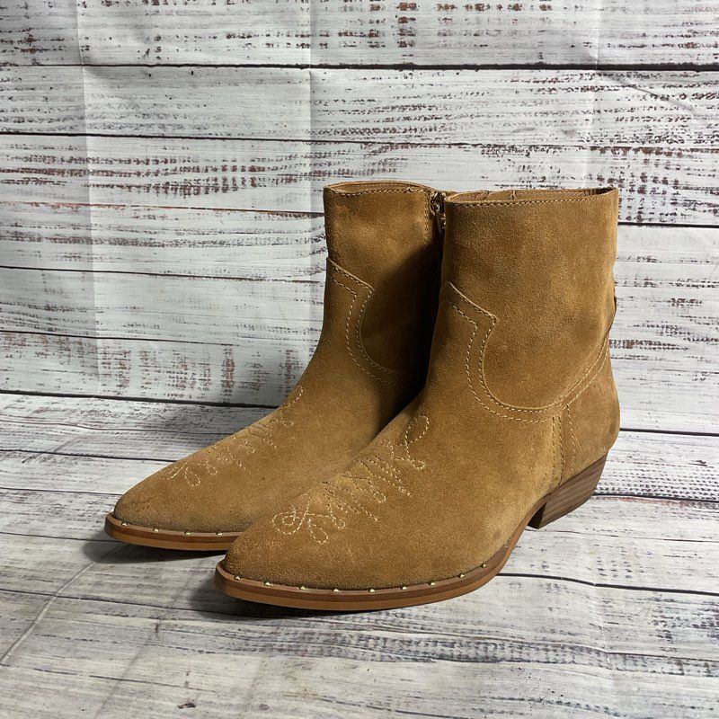 Sam Edelman Tan Suede Pointed Toe Embroidered Western Cowboy Ankle Boot sz 6.5 W