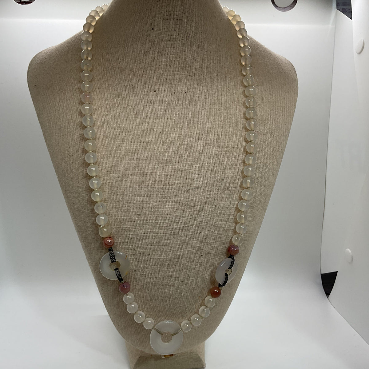 VTG. Sterling Silver Jade Beaded Necklace- 28.5"
