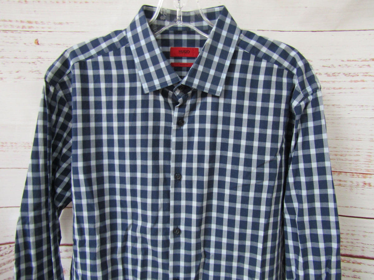 Hugo Boss Mabel Men's Blue Plaid Long Sleeve Shirt Size 17.5