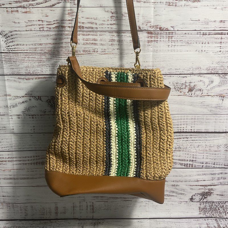 Lauren Ralph Lauren Debby Woven Straw Stripe Accent Shoulder Strap Satchel Purse