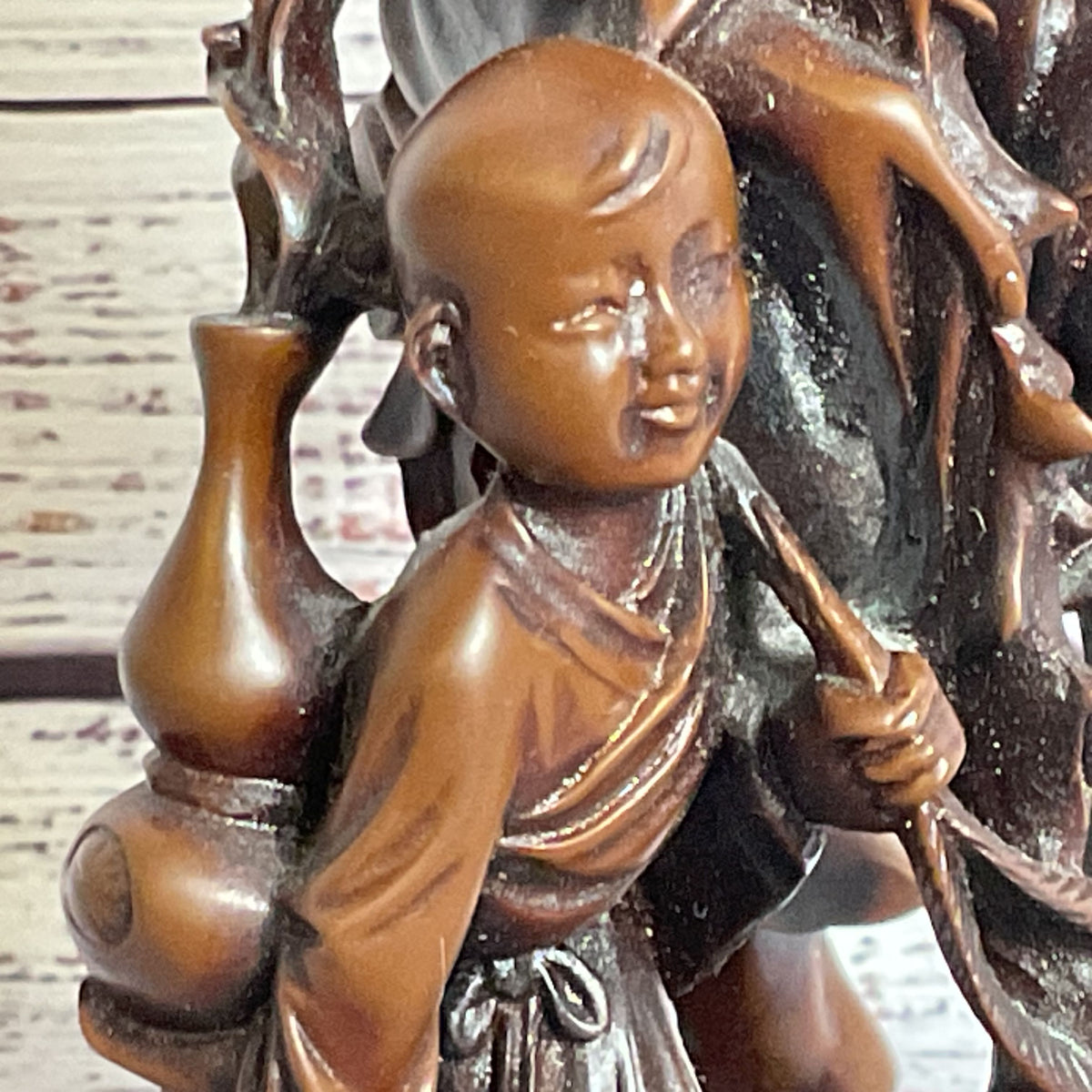 VTG./ANTIQUE Wood Carved Chinese Man, Child and Bat- 9"