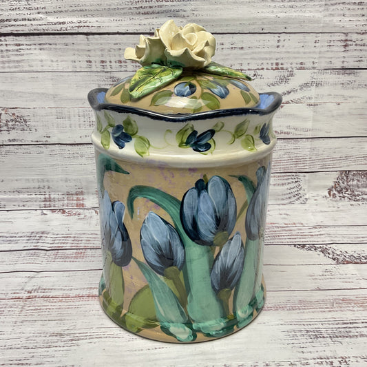 Lesal Ceramics Hand Painted Blue Floral Jar Canister 11"