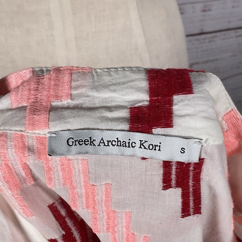 Greek Archaic Kori White/Red/Pink Cotton Embroidered Tunic Mini Dress Size Small