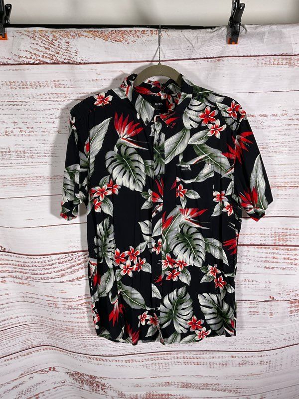 RVCA Men's Hawaiian Regular Fit Button Down Shirt Size M Black Red Green