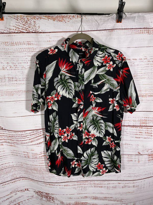 RVCA Men's Hawaiian Regular Fit Button Down Shirt Size M Black Red Green
