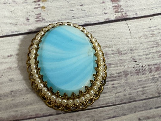 W. GERMANY Gold Tone Filigree Rhinestone Faux Pearl Brooch- 2"