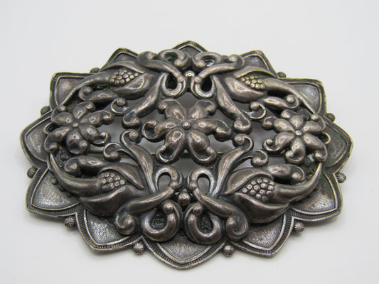 Vintage Silver Plated Floral Art Nouveau Style Brooch Pin
