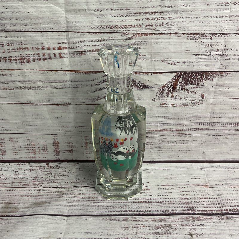 Vintage Reverse Painted Pandas 8" Crystal Bud Vase