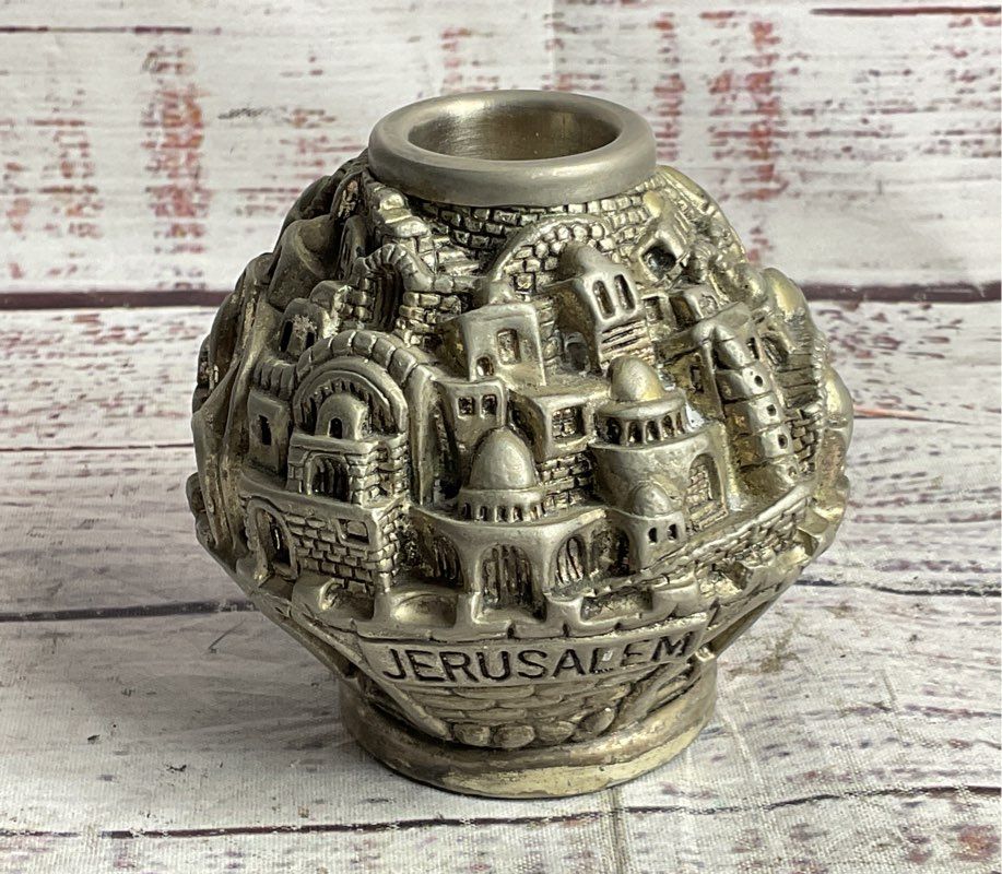 Vintage Set of 2 Jerusalem Holy Land Candle Holders Silver Plated