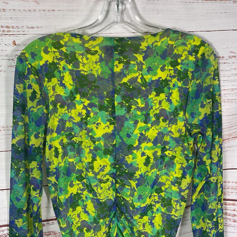 Ganni Green & Blue Floral Print Ruched Mesh L/S Scoop Neck Midi Dress - Size 36