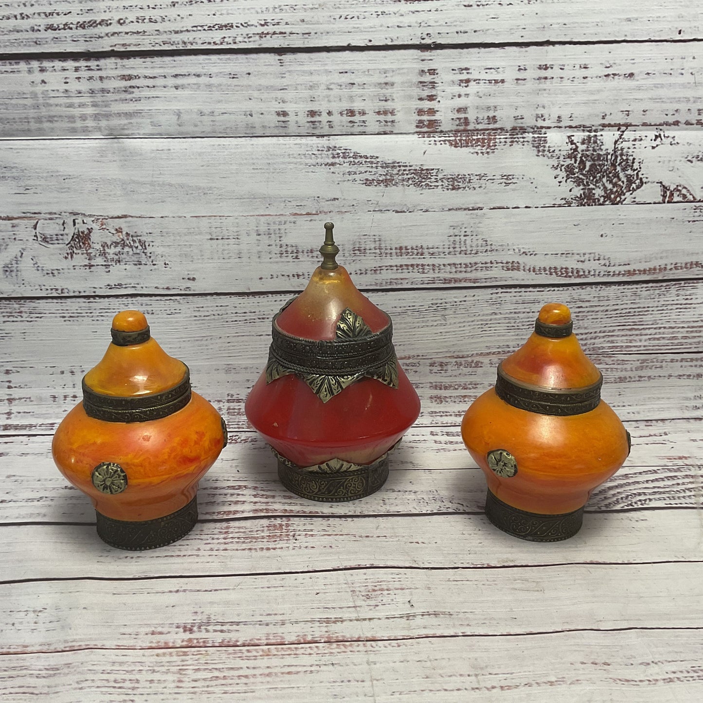 Moroccan Red Orange Resin Amber Jewelry Box Jar Lot of 3