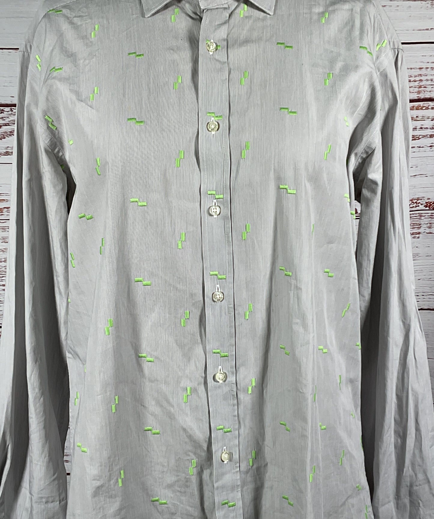 Etro Men's Long Sleeve Button Down Embroidered Shirt Gray 43