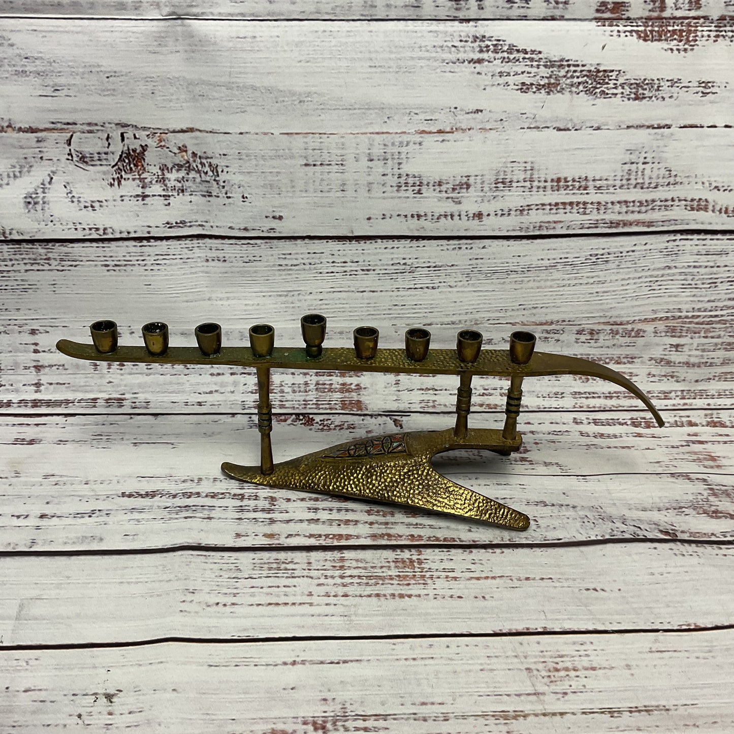 Vintage Brass Enamel Arrow Head Lamp Made In Israel Judaica Menorah 11"x4"x2.5"