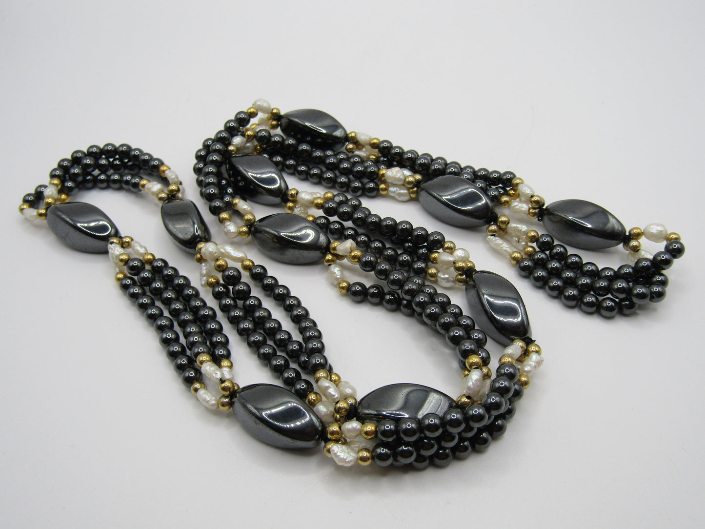 Beaded Hematite Rice Pearl Necklace
