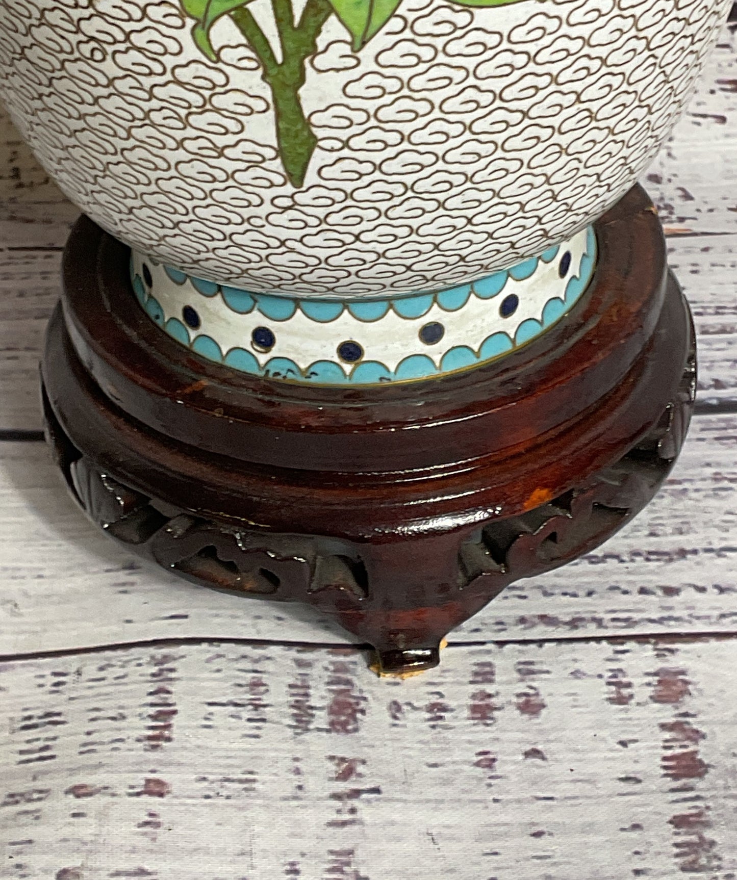 VTG. Chinese Floral Cloisonne Enamel Brass Vase with Wood Stand- 9.5"