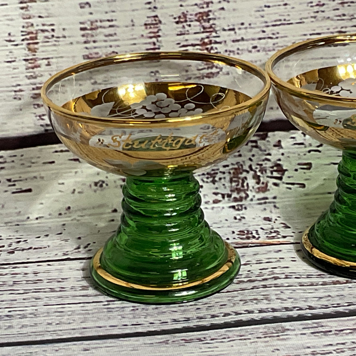 Set of 2 VTG. STUTTGART & ALTENSTEIG Green Gold Trim Cordial Glasses- 2.5"