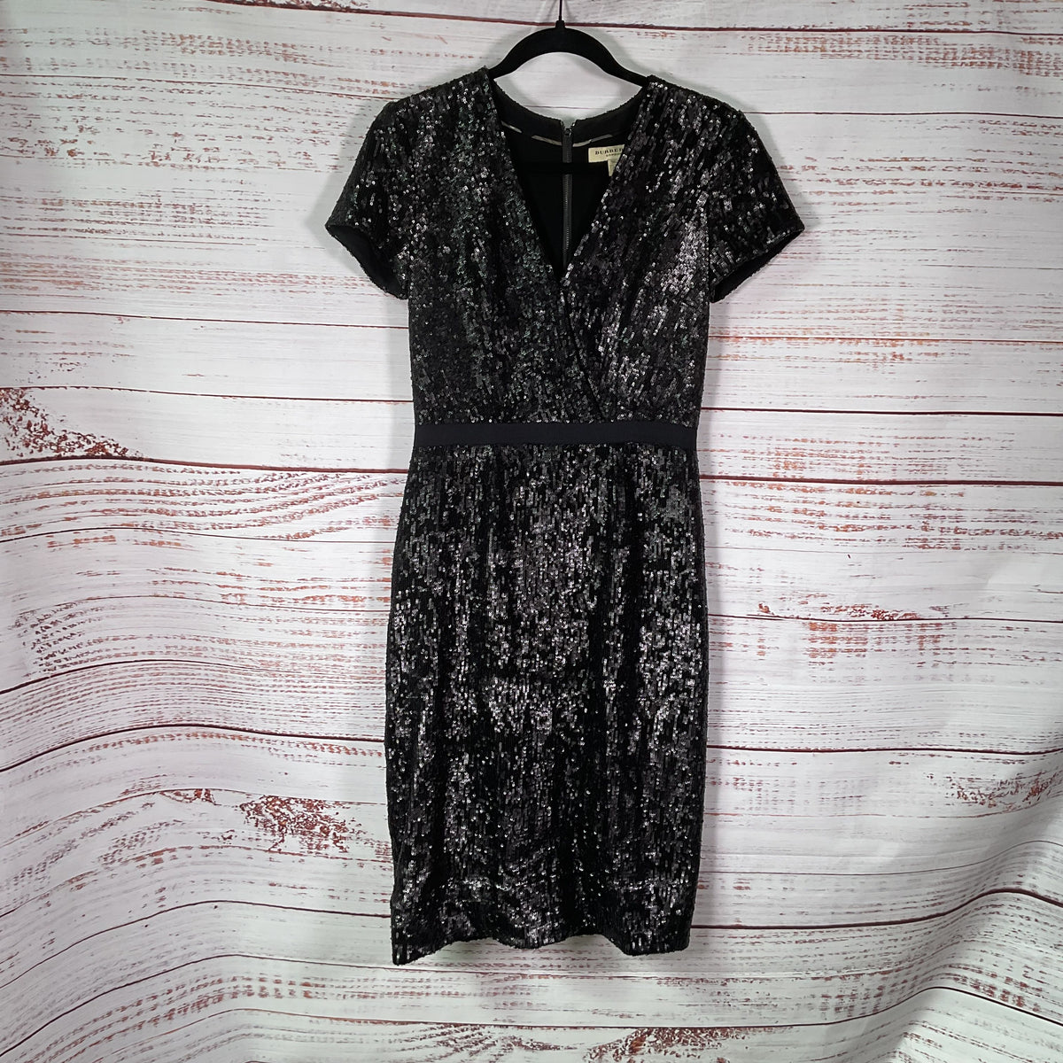 Burberry London Black Sequin Crossover V-Neck Sheath Midi Dress - Size 4