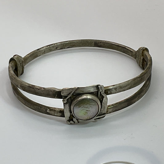 VTG. Signed Silver Plated Brutalist Bangle Braceet- 7.75"