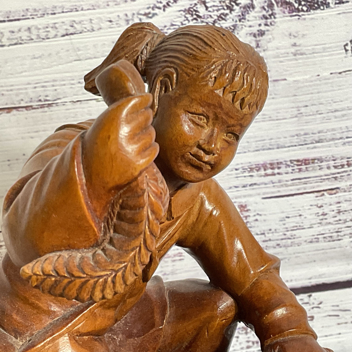 VTG./ANTIQUE Carved Boxwood Young Girl with Wheat and Basket- 5.5" x 7.5"