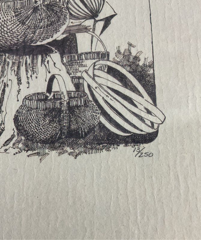 Vintage Debra Jo Davidson Signed Etching Print Woman Weaving Baskets #13/250
