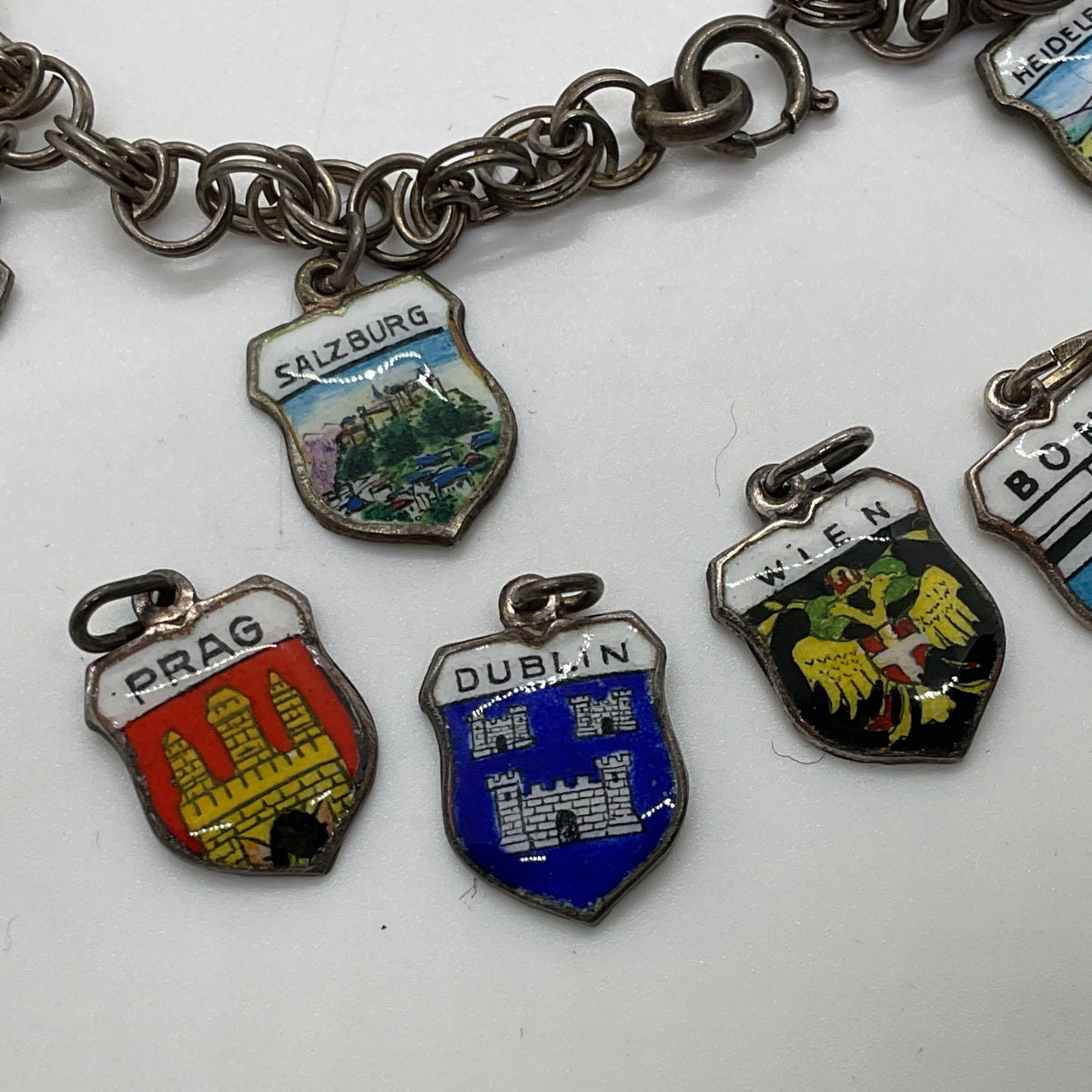 VTG. REU Germany 800 Silver 19 Shield Charms 7.75" Bracelet- 25.98g