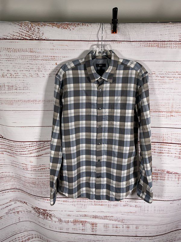 Hugo Boss Men's Long Sleeve Buttoned Plaid Shirt Blue & Grey Size L
