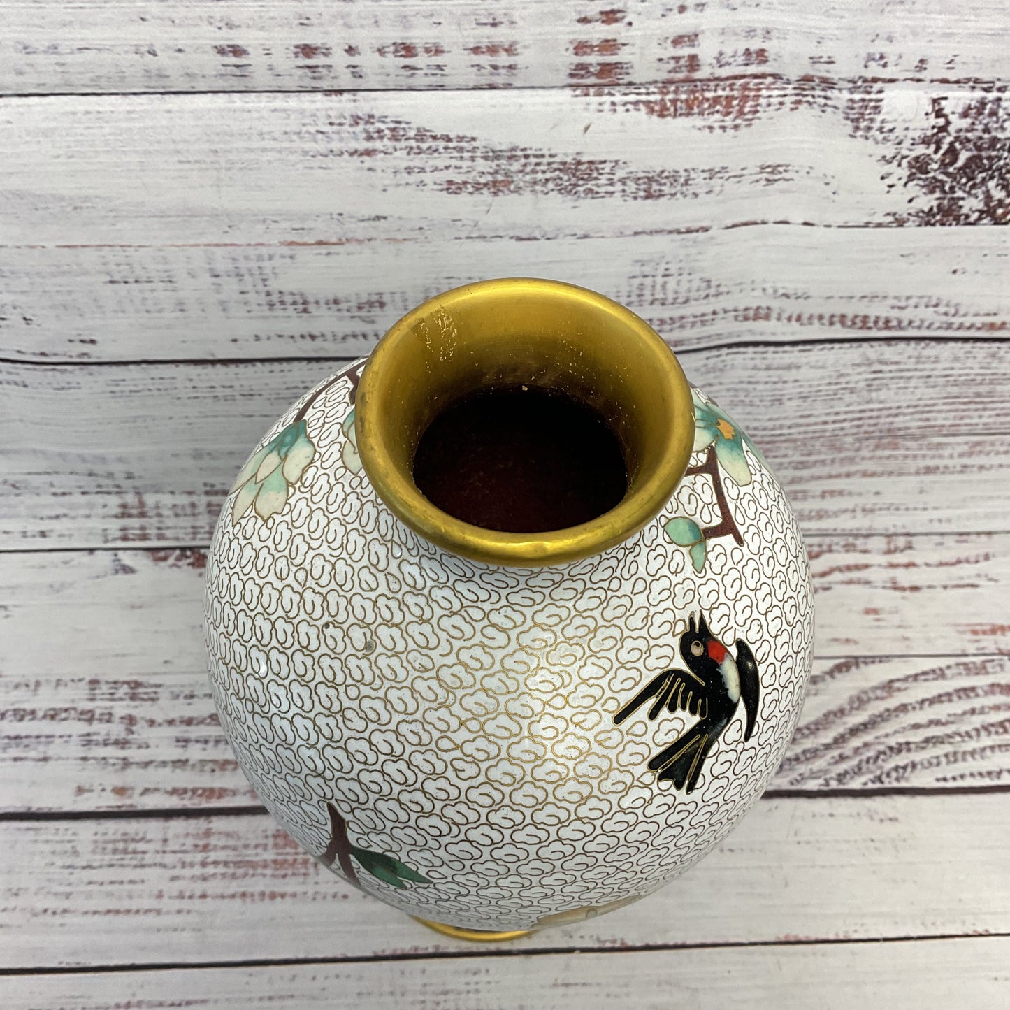 Cloisonne Floral Bird Design White Enamel Brass Vase 10.5"