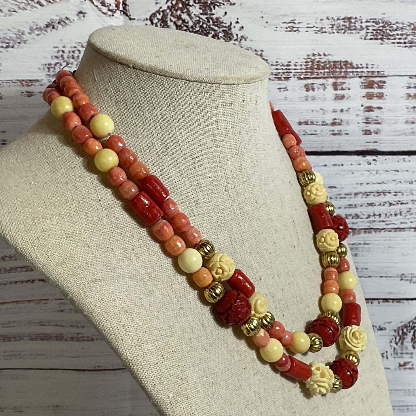 Red Coral, Cinnabar & Pink/White Gemstone Beaded 2 Strand Necklace- 20"