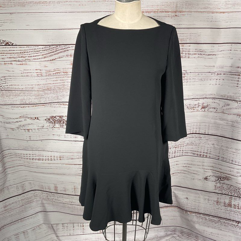 NWT Kate Spade Black Crepe Flounce 3/4 Sleeve Boat Neck Mini Casual Dress sz 10