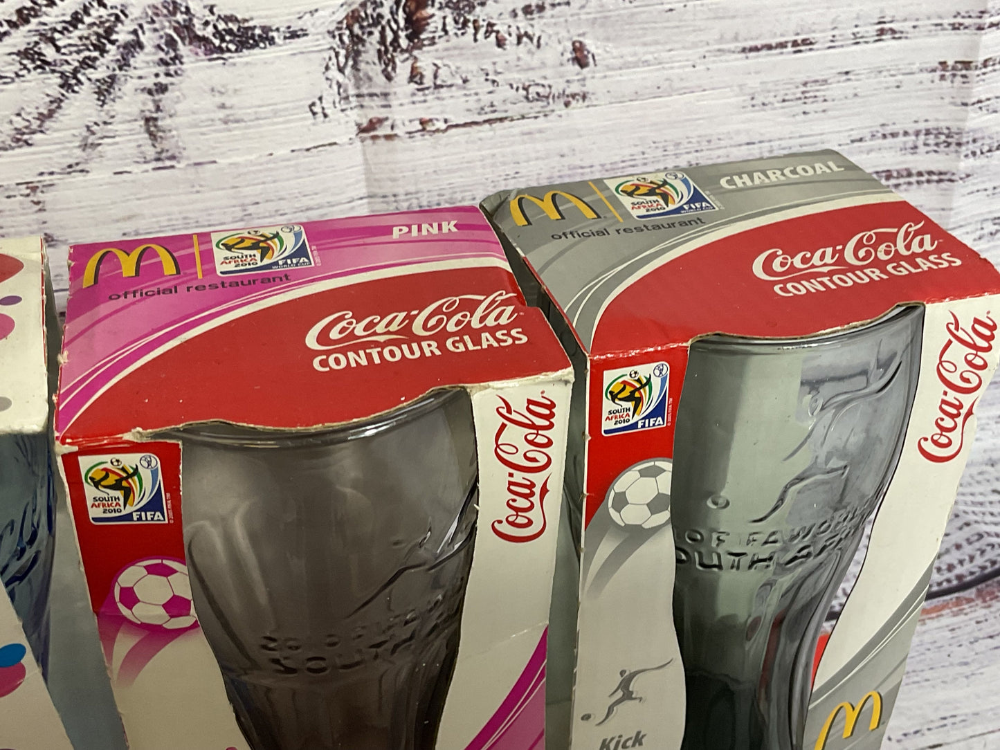 McDonald's Coca Cola Blue Luminarc & 2 Pink/Gray Fifa World Cup Glasses