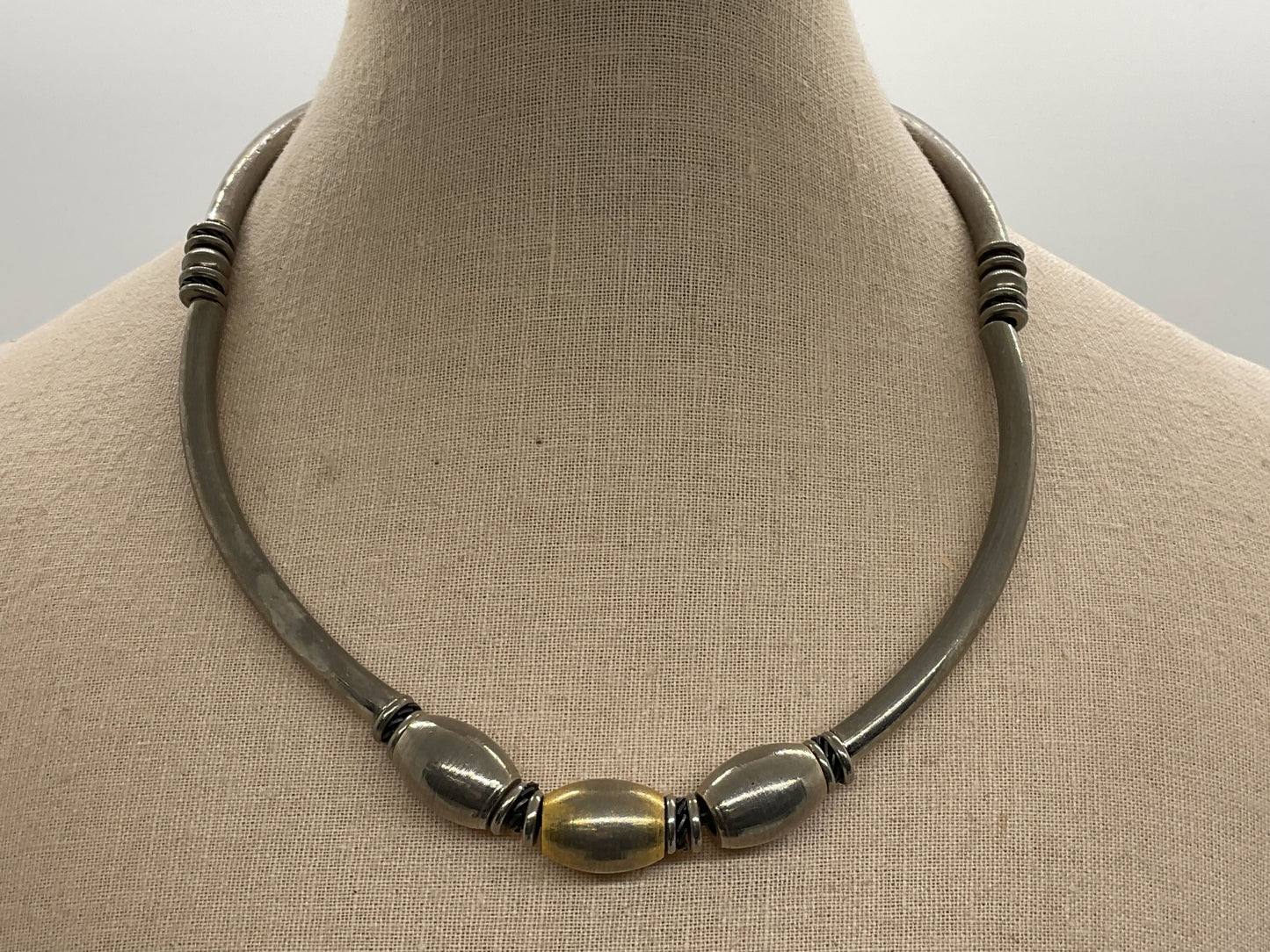 VTG. 70s Bar and Bead Stainless Steel and Brass Necklace- 16"