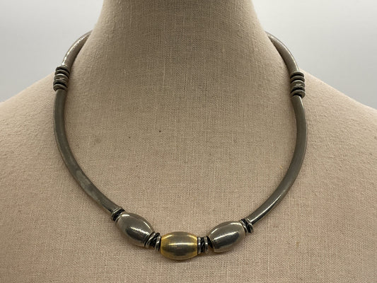 VTG. 70s Bar and Bead Stainless Steel and Brass Necklace- 16"