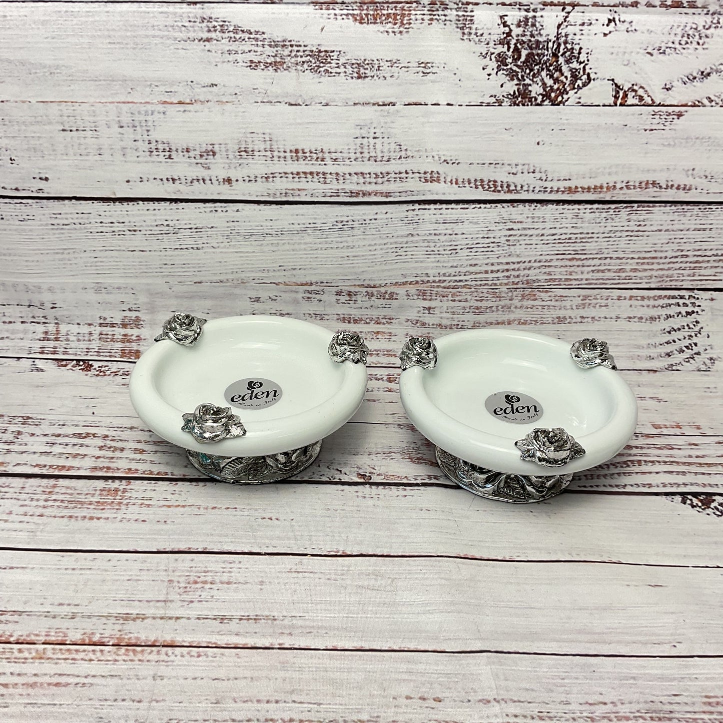White Ceramic Silver Tone Roses Eden Candle Holders Pair of 2 Made in Italy