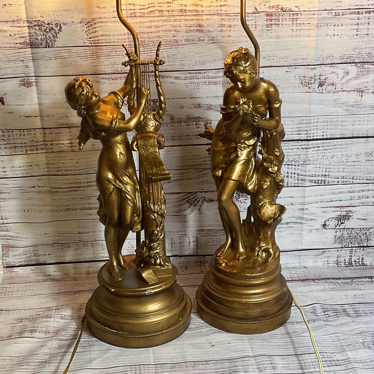 Set of 2 ANTIQUE MATHURINE MOREAU Maiden's with Harp and Flowers Lamps- 35"