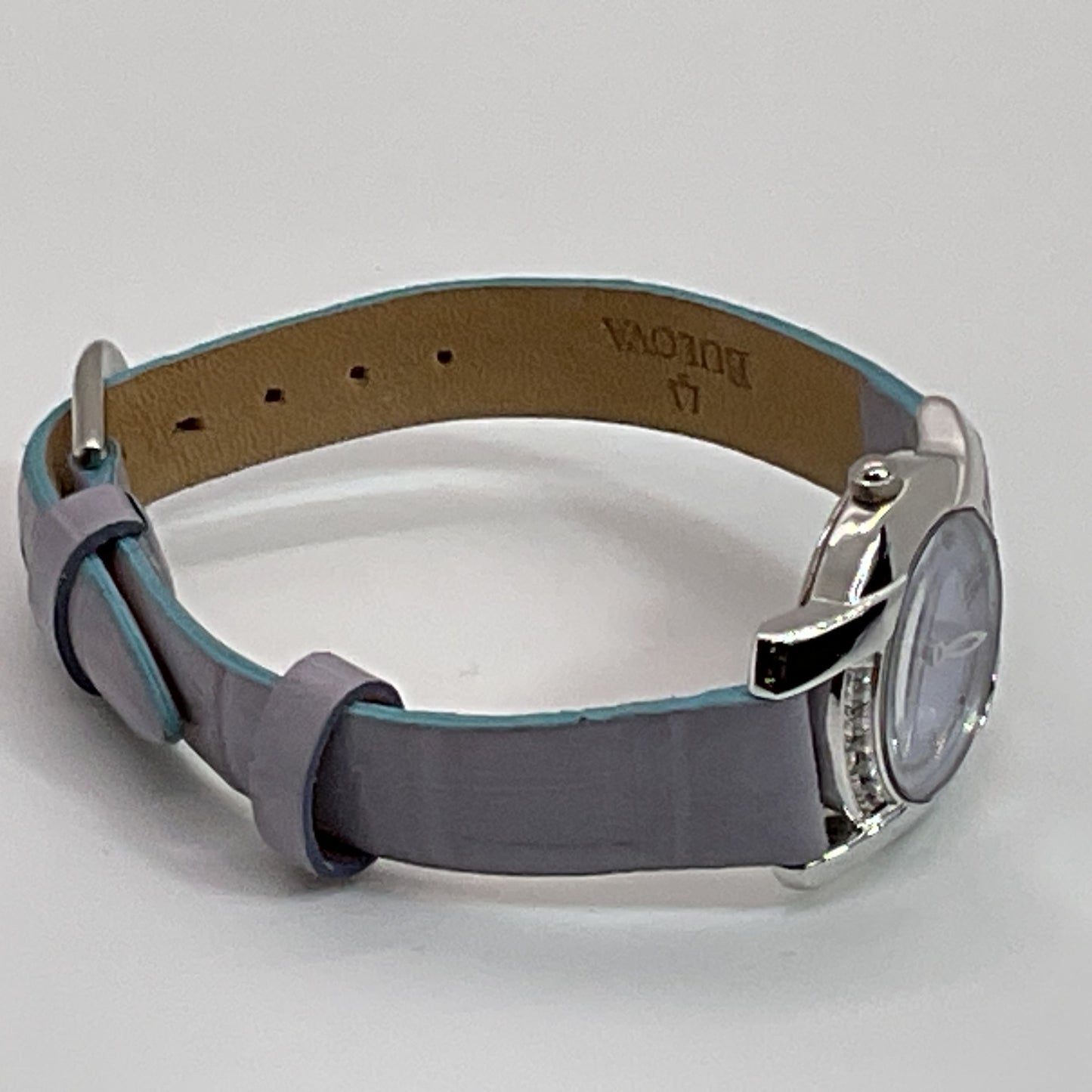 BULOVA Mother of Pearl Face Lavender Leather Band Women's Watch- NEEDS BATTERY