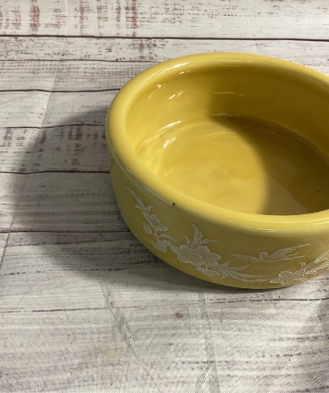 Vintage Yellow Enamel Bowl With White Hand Painted Bird Floral Art 6.5"