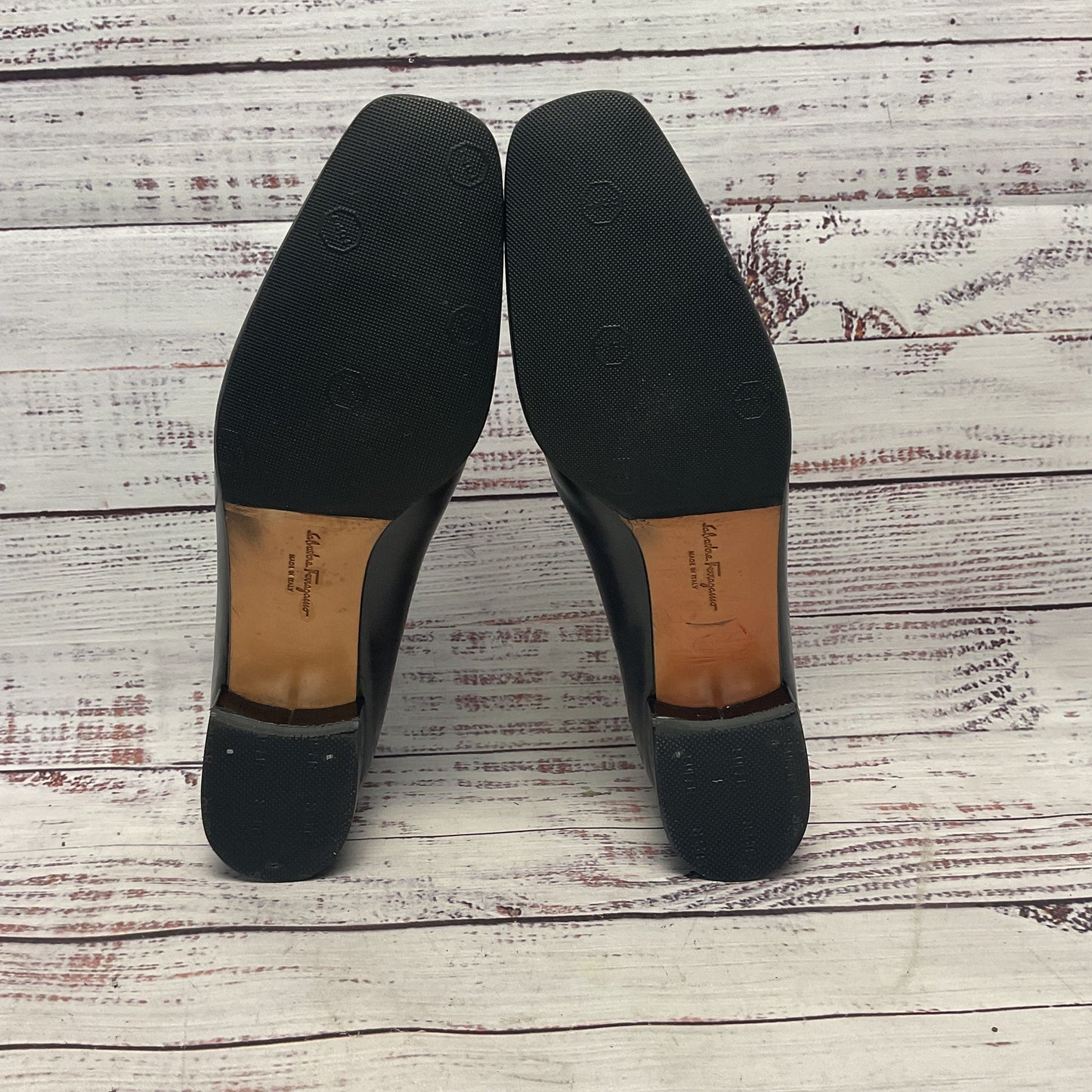 Salvatore Ferragamo Graphite Metallic Leather Block Heel Women Size 7