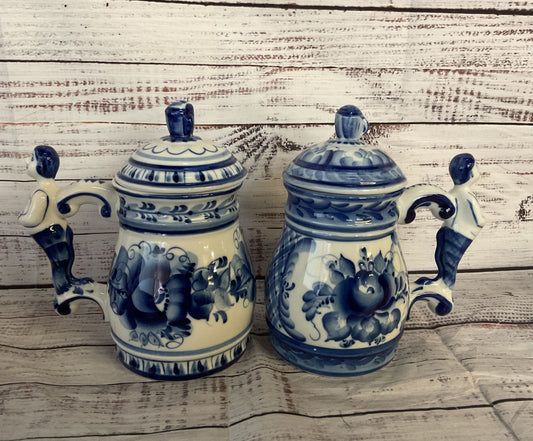 Vintage Russian Gzhel Porcelain Cobalt Lot of 2 Beer Mugs Blue White