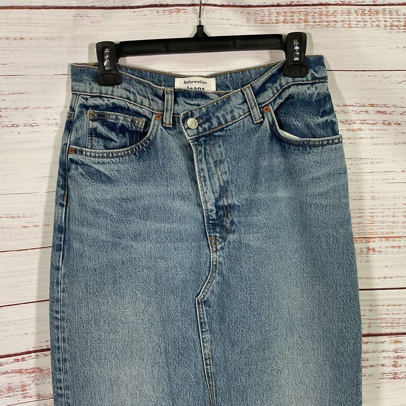 Reformation Jeans Nila Long Denim Front Slit Raw Hem Midi Skirt - Size 28