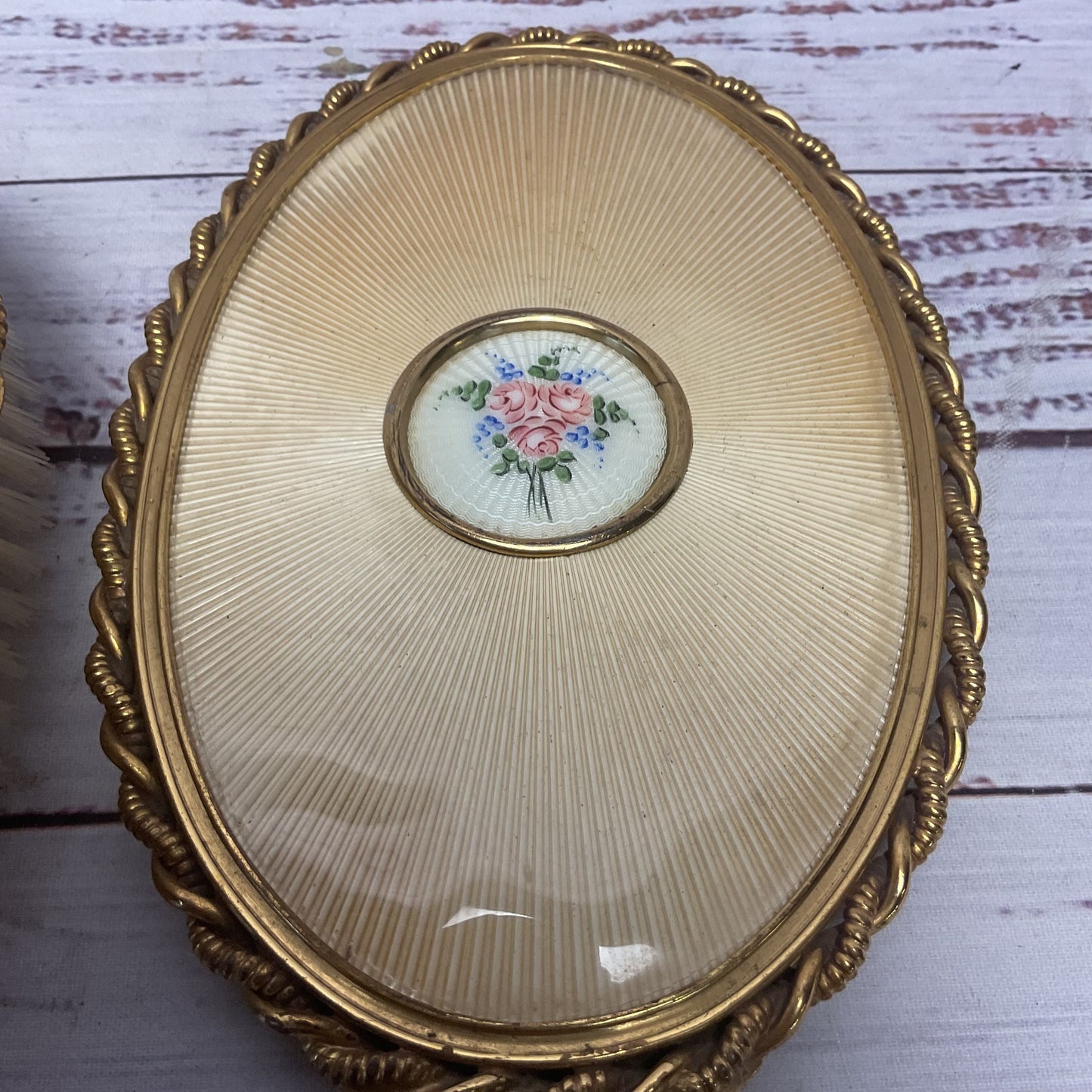 Brass Gold Tone Brush Mirror And Brush Combo Wood Metal Vanity Set