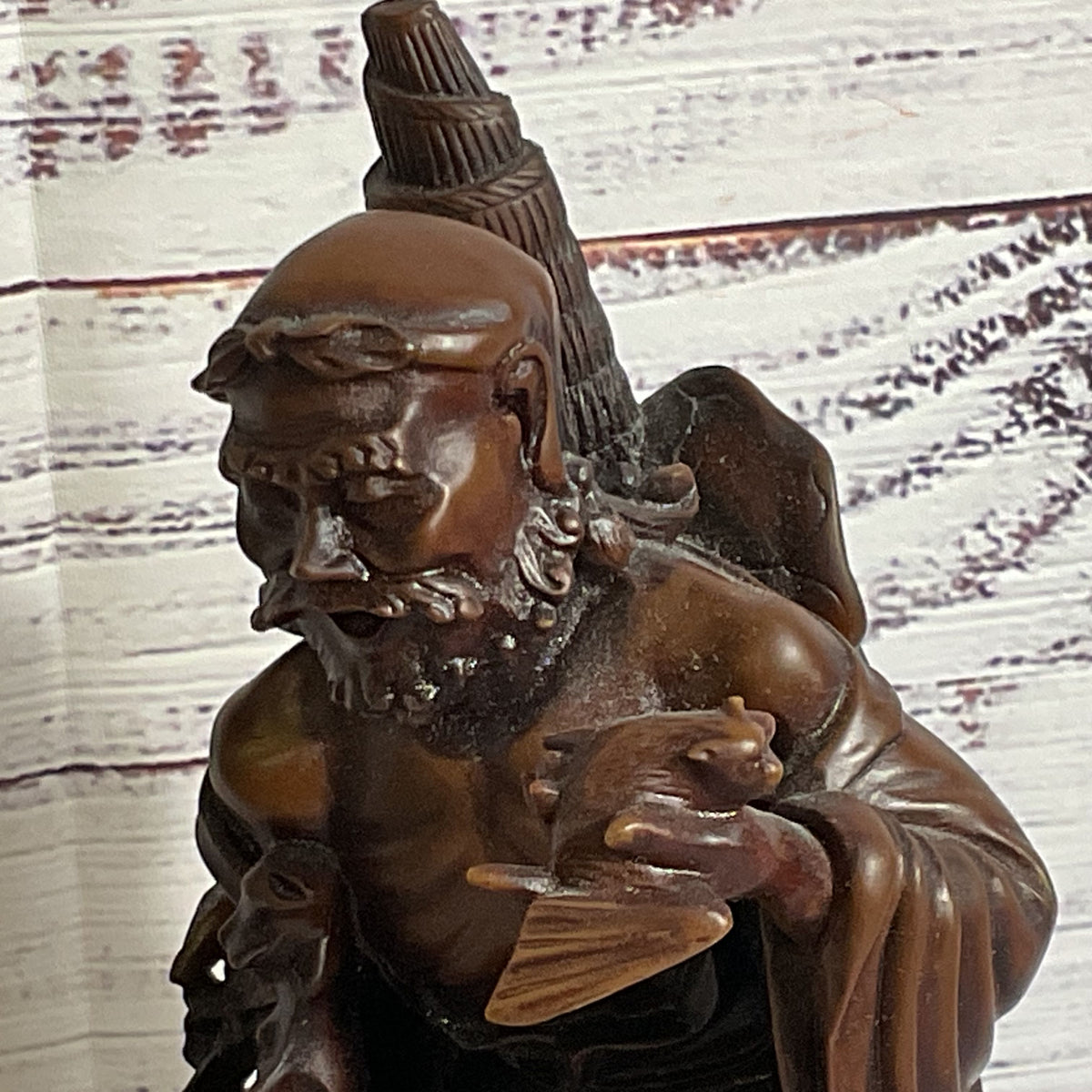 VTG./ANTIQUE Wood Carved Chinese Man, Child and Bat- 9"
