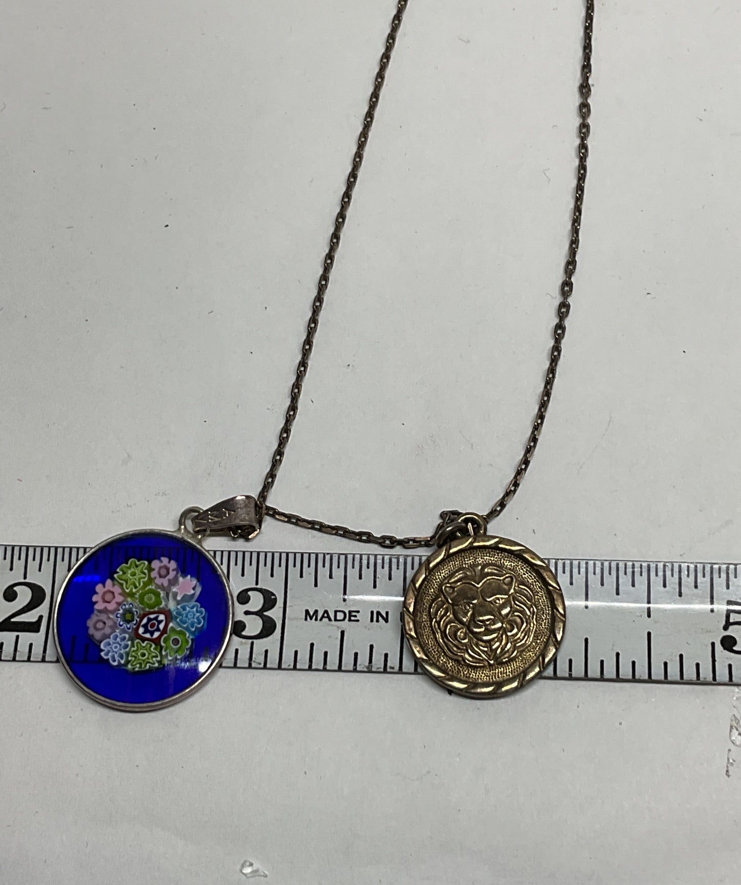 Sterling Silver Chain Necklace Multicolored Millefiori & Round Pendant