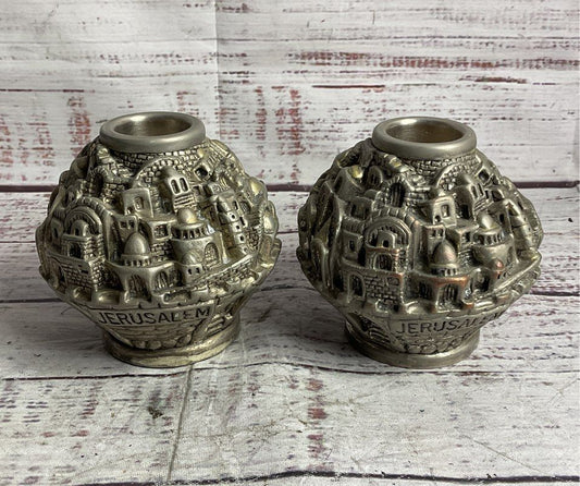 Vintage Set of 2 Jerusalem Holy Land Candle Holders Silver Plated